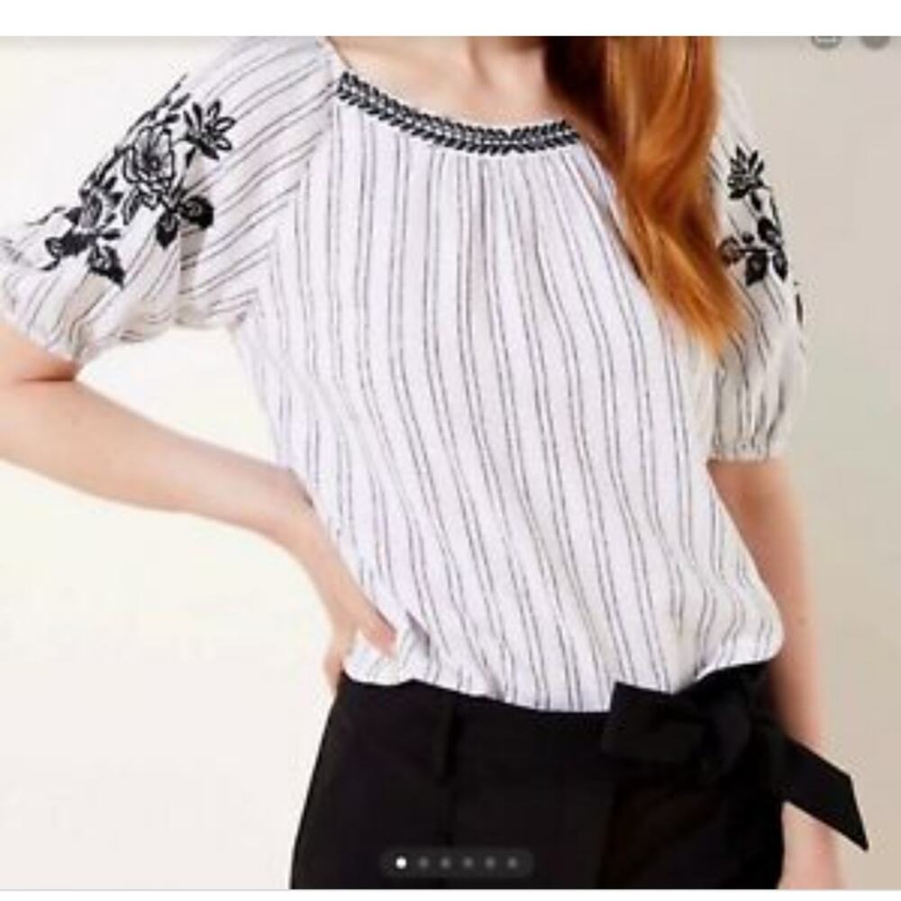 Womens; LOFT Linen Blend White Black Stripe Blouse Small Floral Embroidery
